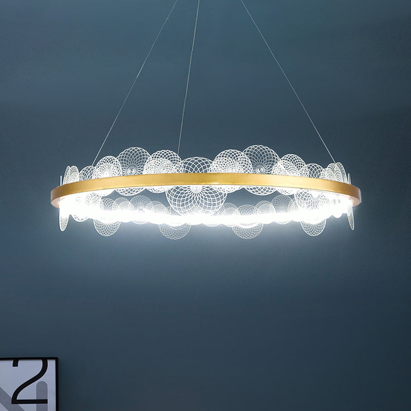 Gold Finish Led Ceiling Light With Textured Acrylic Shade - Modern Hoop Chandelier Pendant Lamp