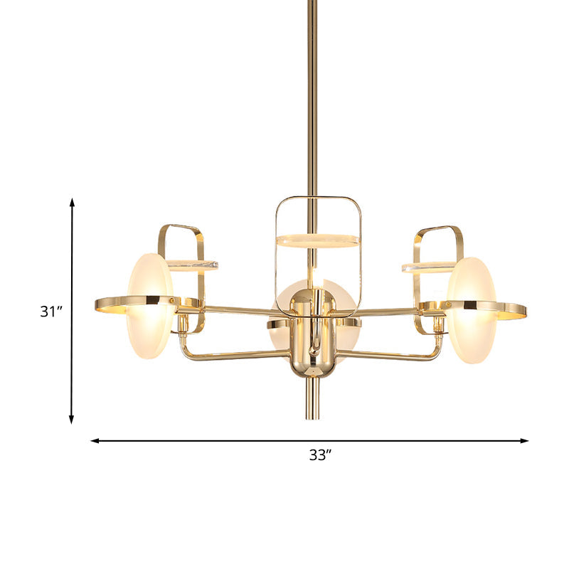 Modern Gold LED Chandelier Light with Iron Frame - 6 Rectangle Lights, Acrylic Shade, Suspended Ceiling Lamp