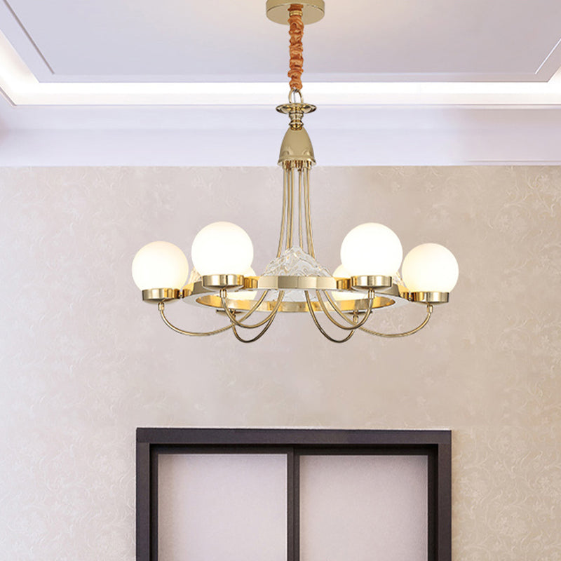 Modern Gold Curved Arm Ceiling Chandelier - 6 Head Metal LED Hanging Light with Frosted Glass Shade