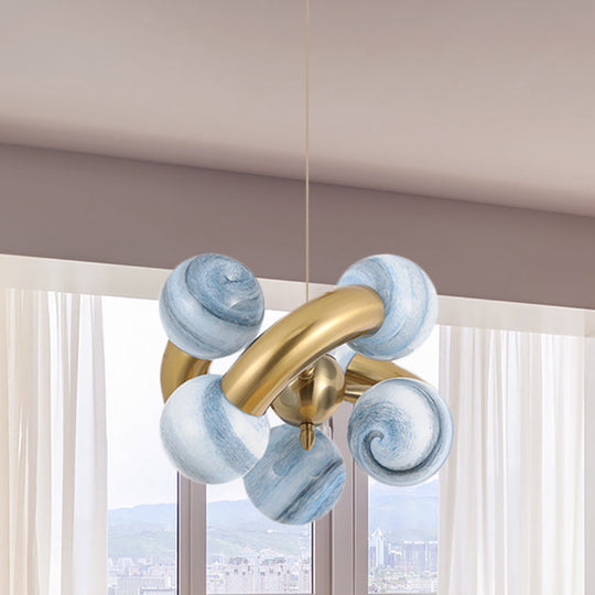 Post-Modern Glass Sphere Chandelier With 6 Led Heads In Blue/Tan Twist Design For Living Room Blue