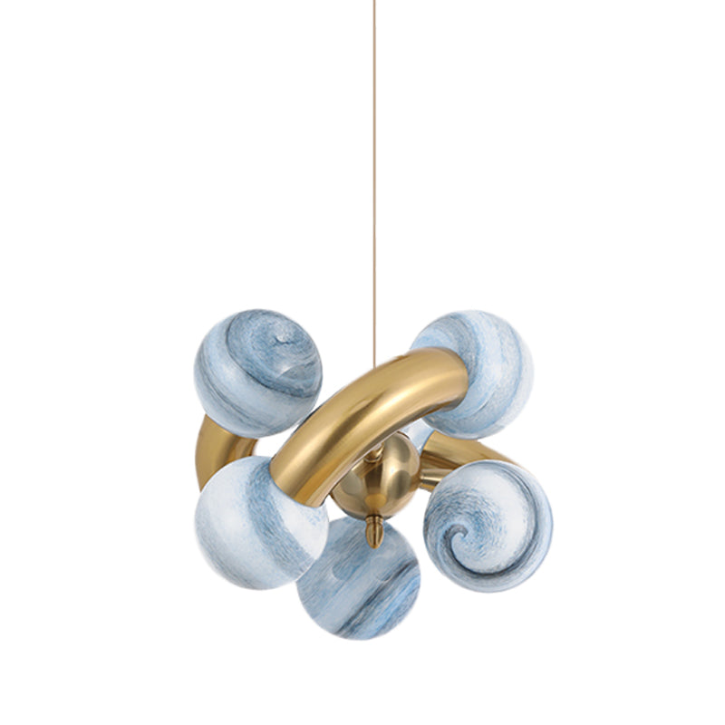 Post-Modern Glass Sphere Chandelier With 6 Led Heads In Blue/Tan Twist Design For Living Room