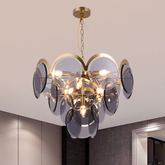 Smoke Gray Glass 7-Head Round Panel Pendant Light Fixture: Modern Brass Hanging Chandelier