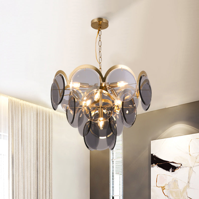 Smoke Gray Glass 7-Head Round Panel Pendant Light Fixture: Modern Brass Hanging Chandelier