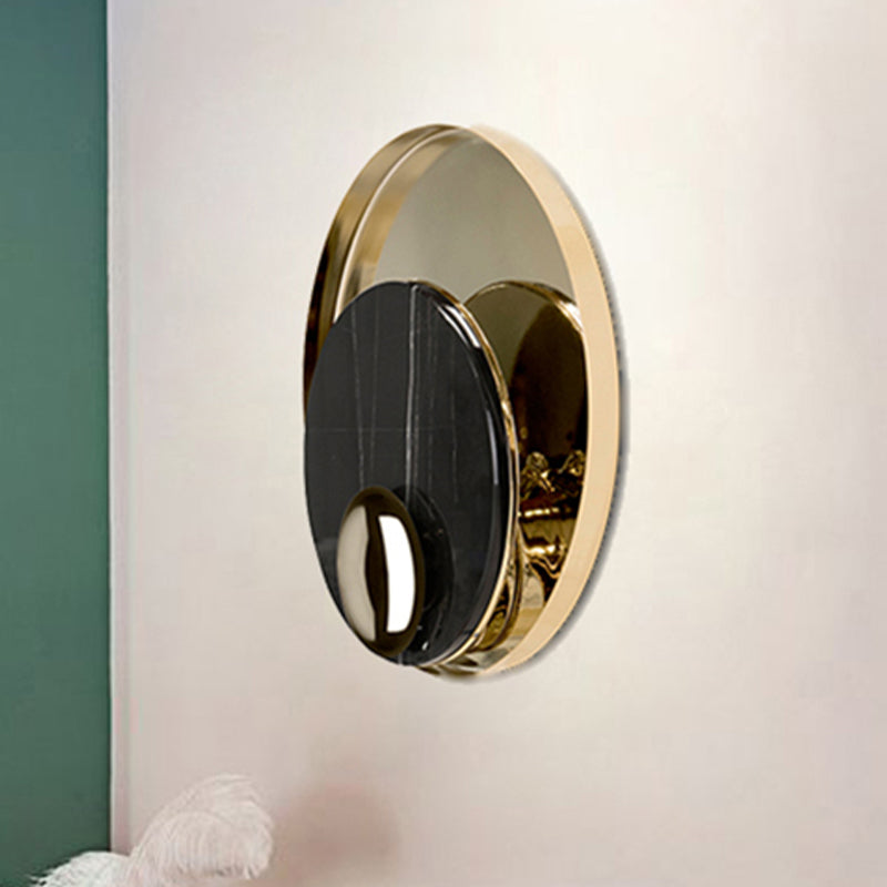 Modernist Led Sconce Lighting: Round Marble White/Black Wall Lamp With Gold Metal Backplate Black