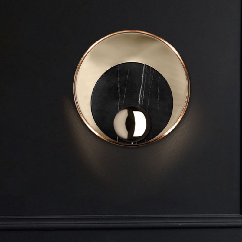 Modernist Led Sconce Lighting: Round Marble White/Black Wall Lamp With Gold Metal Backplate