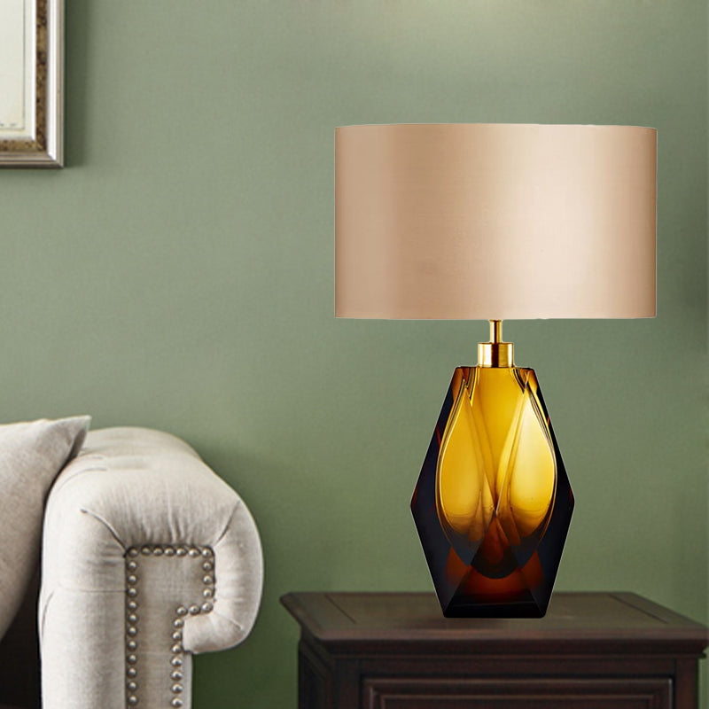 Modern Geometric Led Desk Lamp With Amber Glaze - 1-Light Beige Fabric Shade