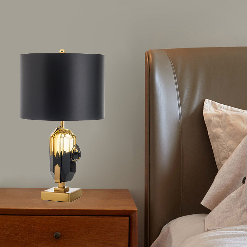 Modern Gold Desk Lamp With Drum Black Fabric Shade - Perfect Bedroom Night Table Light