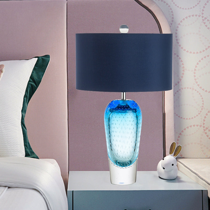 Contemporary Blue Bubble Glass Urn Night Table Lamp With Fabric Shade