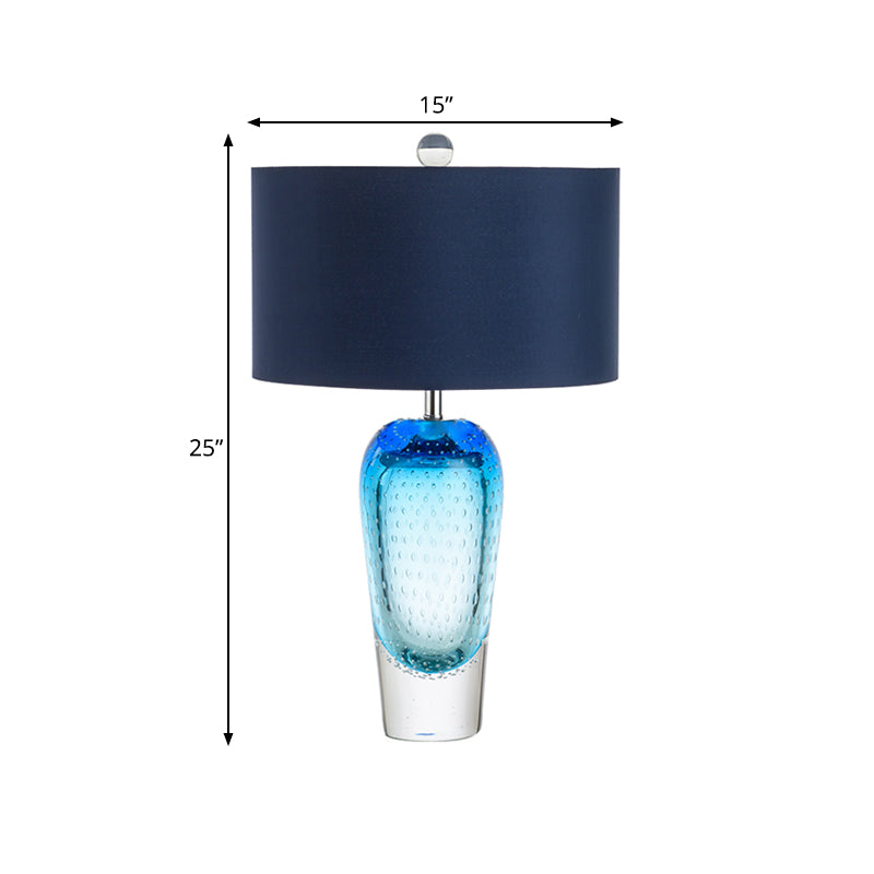 Contemporary Blue Bubble Glass Urn Night Table Lamp With Fabric Shade