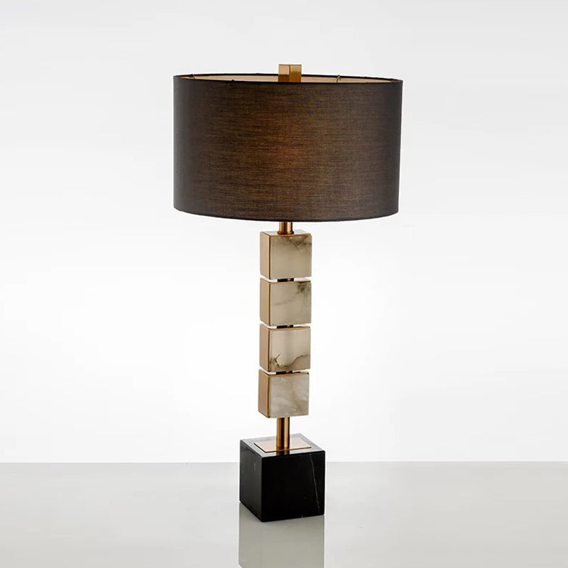 Modernist 1-Light Brown Desk Lamp With Cube Marble Base - Drum Fabric Table Lighting
