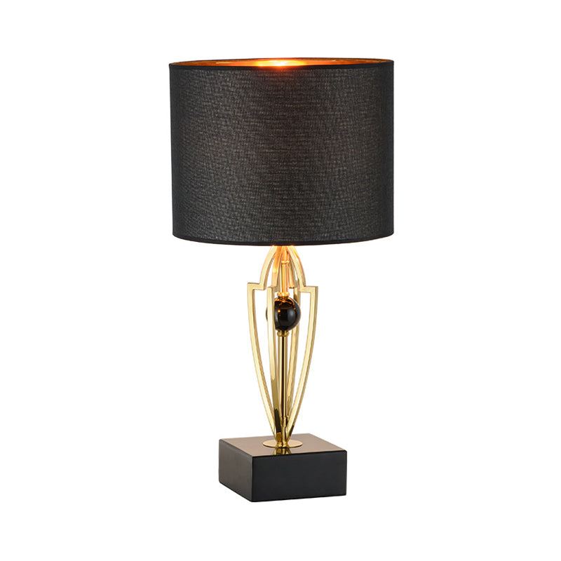 Contemporary Black Drum Night Table Lamp With Fabric Shade - 1 Light Nightstand
