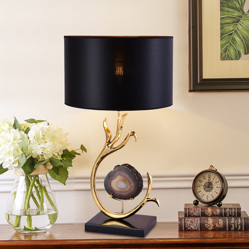 Metal Desk Lamp With Agate Accent - Modern Gold Finish And Black Fabric Shade