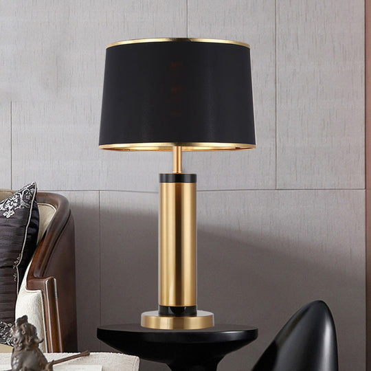 Modern Metallic Tube Desk Light With Gold Finish 1-Light Drum Black Fabric Shade