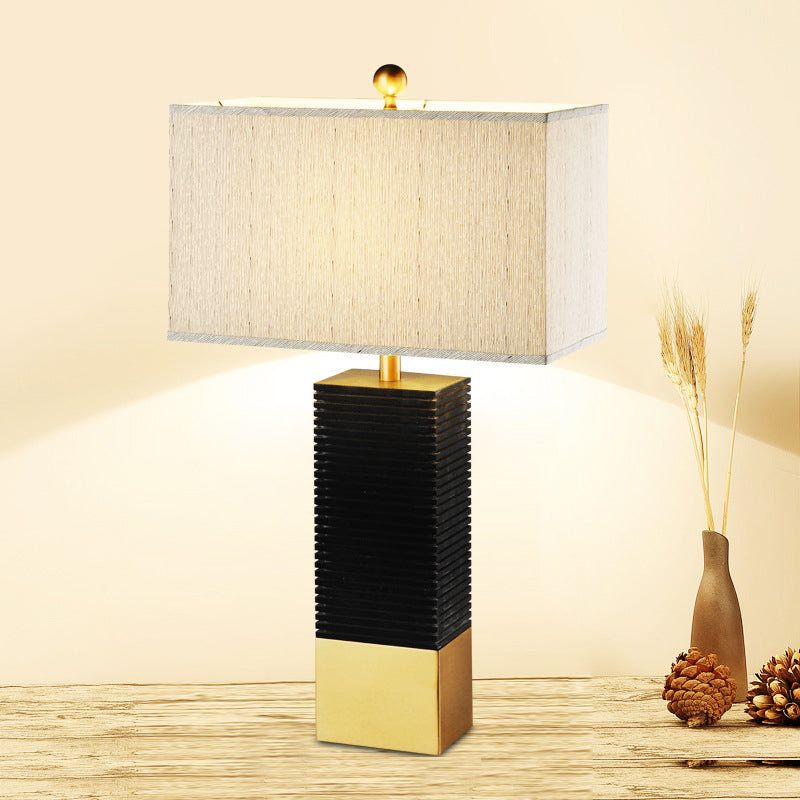 Modern Black Finish Rectangle Table Lamp With Metallic Base And Beige Fabric Shade