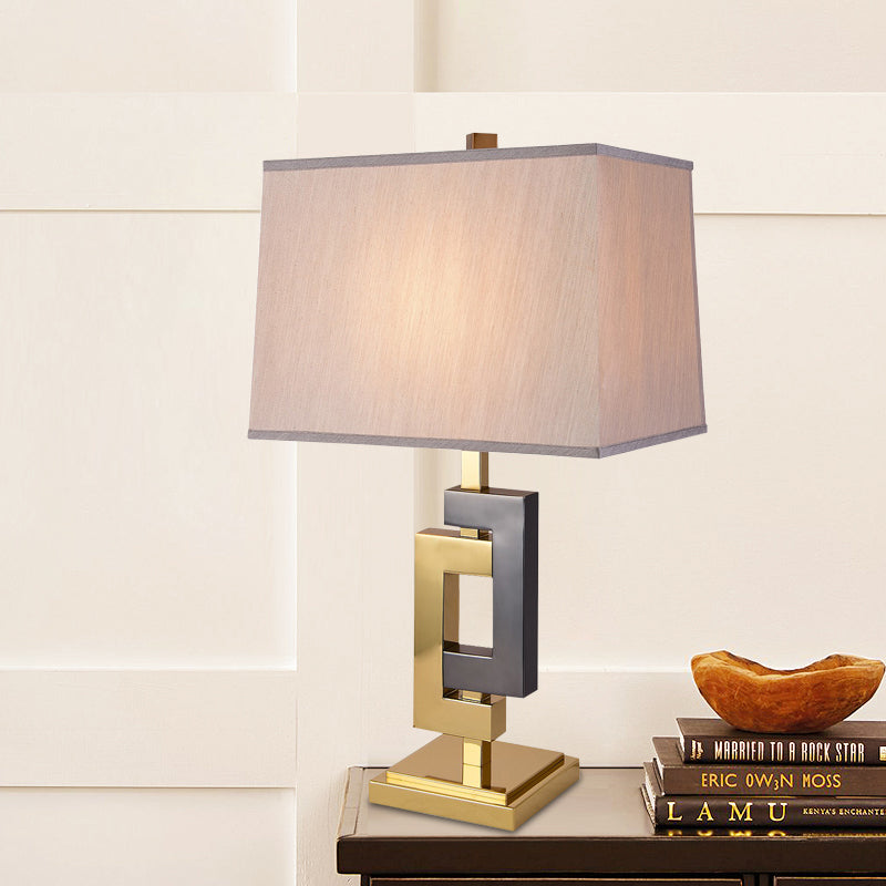 Modern Metallic Desk Lamp: Splicing Table Light With Grey & Gold Finish And Cuboid White Fabric