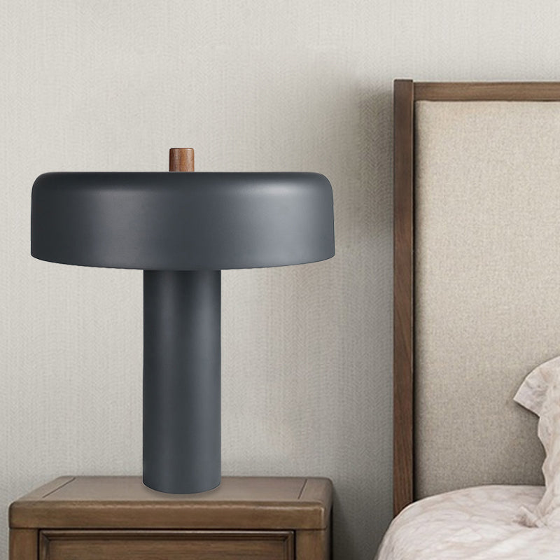 Modernist Led Grey Metal Drum Nightstand Light With Plug-In Cord For Bedroom
