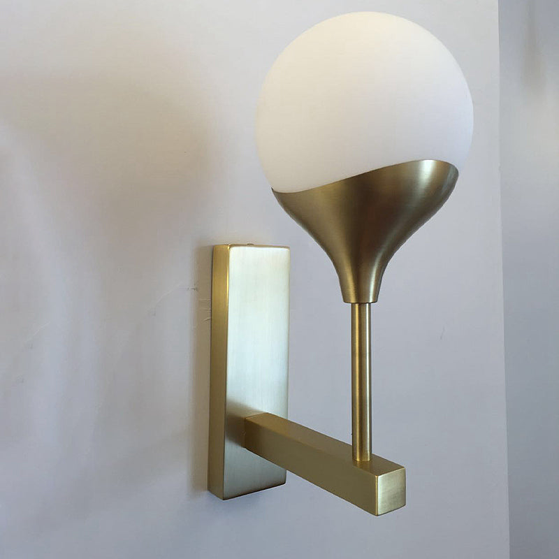Minimal Brass Wall Sconce With Cream Glass Shade - Bedroom Light