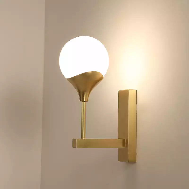 Minimal Brass Wall Sconce With Cream Glass Shade - Bedroom Light