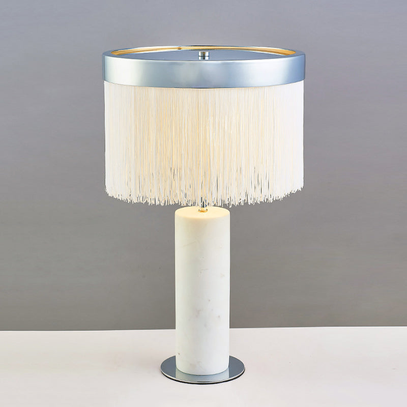 Contemporary Stone Tube Desk Lamp: White Night Table Light With Tassel Deco