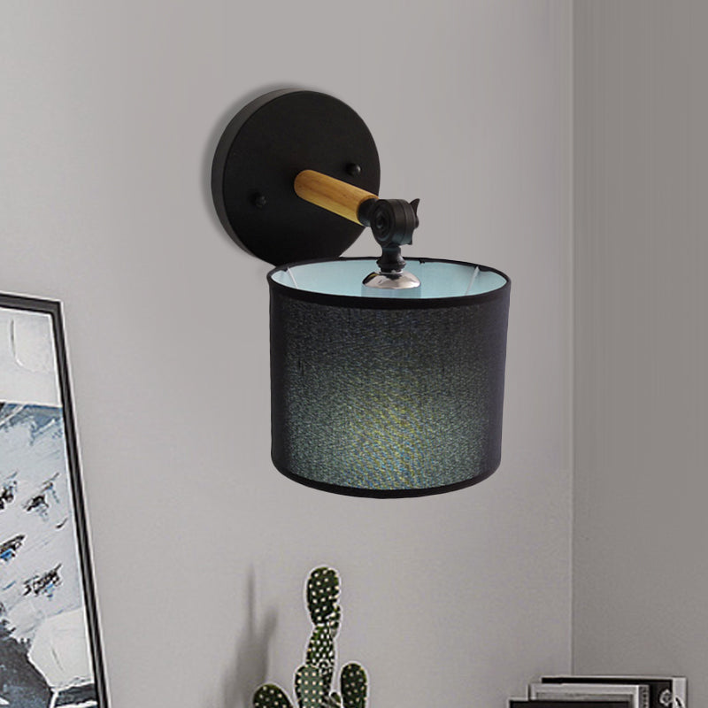 Modern Wood Armed Sconce Wall Lamp With Black Drum Shade - 1 Light Bedside Lighting