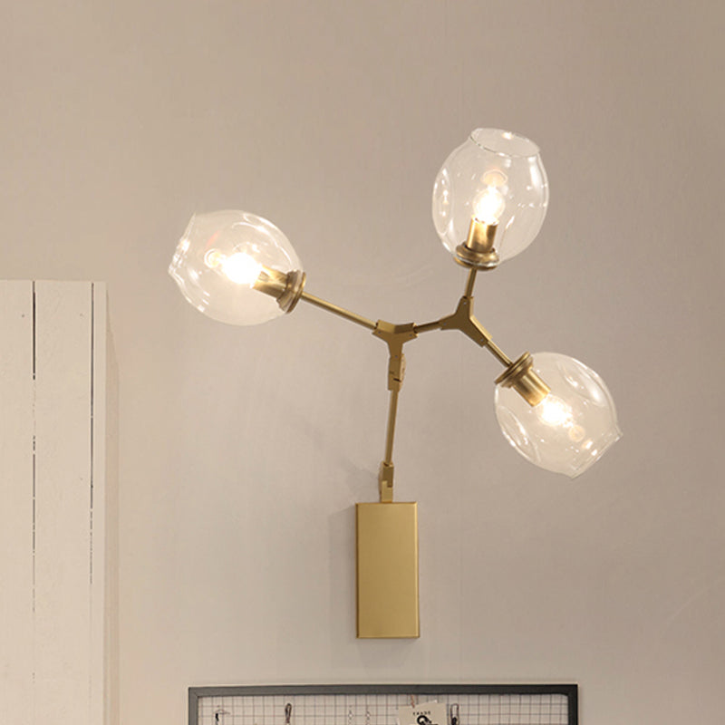 Gold Metal Branch Sconce Light Fixture - Modern Wall Lamp With 3 Bulbs And Clear Glass Shades