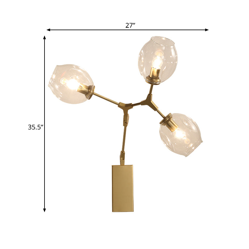 Gold Metal Branch Sconce Light Fixture - Modern Wall Lamp With 3 Bulbs And Clear Glass Shades