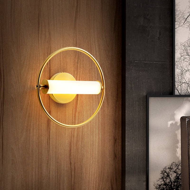 Modern Metallic Led Wall Sconce Lamp With Opal Glass Shade - Ring Bedside Fixture In Brass