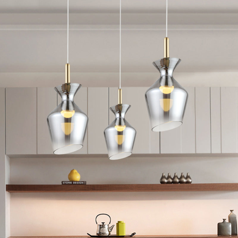 Led Brass Cup Pendant With Smoky Gray Glass Shade - Minimalist Ceiling Light
