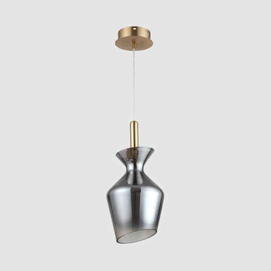 Led Brass Cup Pendant With Smoky Gray Glass Shade - Minimalist Ceiling Light