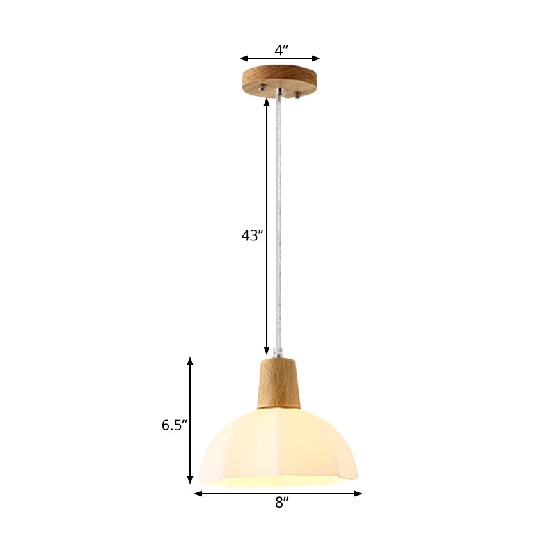 White Frosted Glass Umbrella Pendant Light with Wood Cap - Modernist Beige Hanging Ceiling Lamp