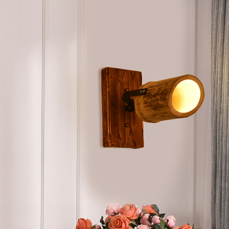 Rustic Bamboo Wall Sconce With Linear Wood Backplate 1 / Brown