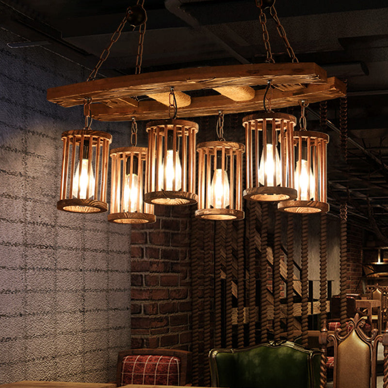 6-Light Wood Pendant Chandelier - Industrial Factory Cylinder Hanging Island Light With Ladder Deco