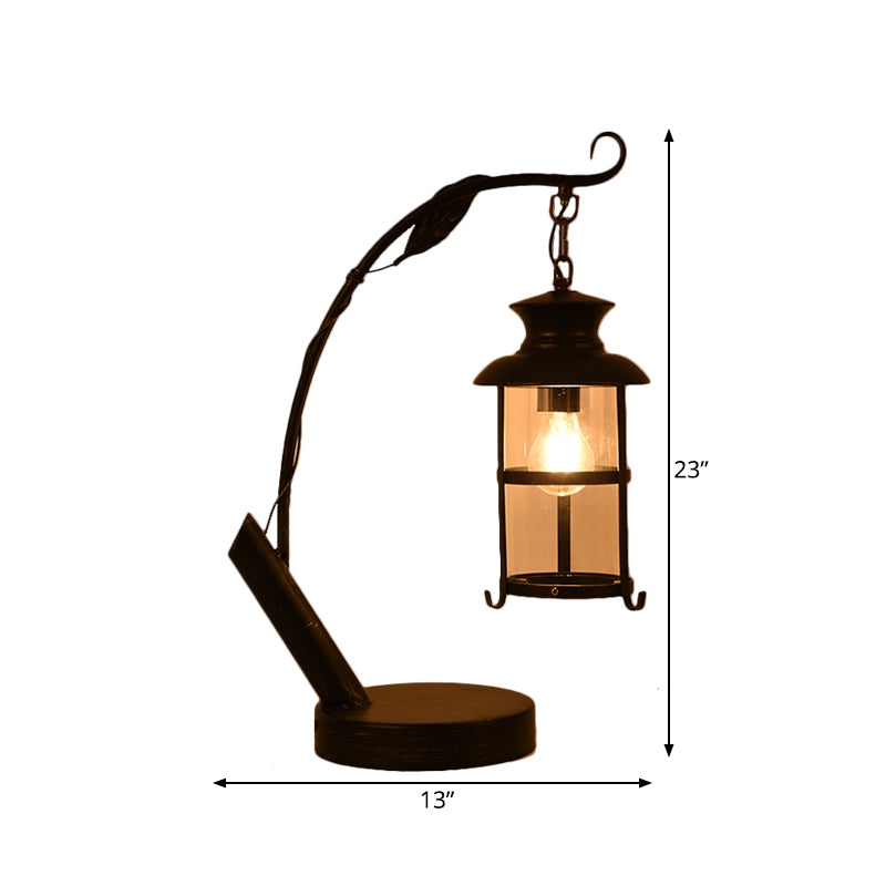 Farmhouse Bronze Finish Table Lamp With Metal Curved Arm And Clear Glass Shade