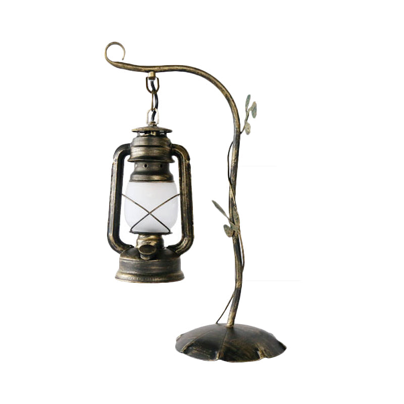 Brass Table Lamp With Frosted Glass Shade - Kerosene Inspired Design Bedroom Desk Lighting