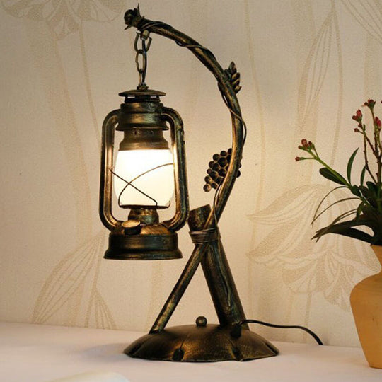 Vintage Opal Glass Lantern Table Lamp With Brass Angled Arm Bedroom Desk Light / A