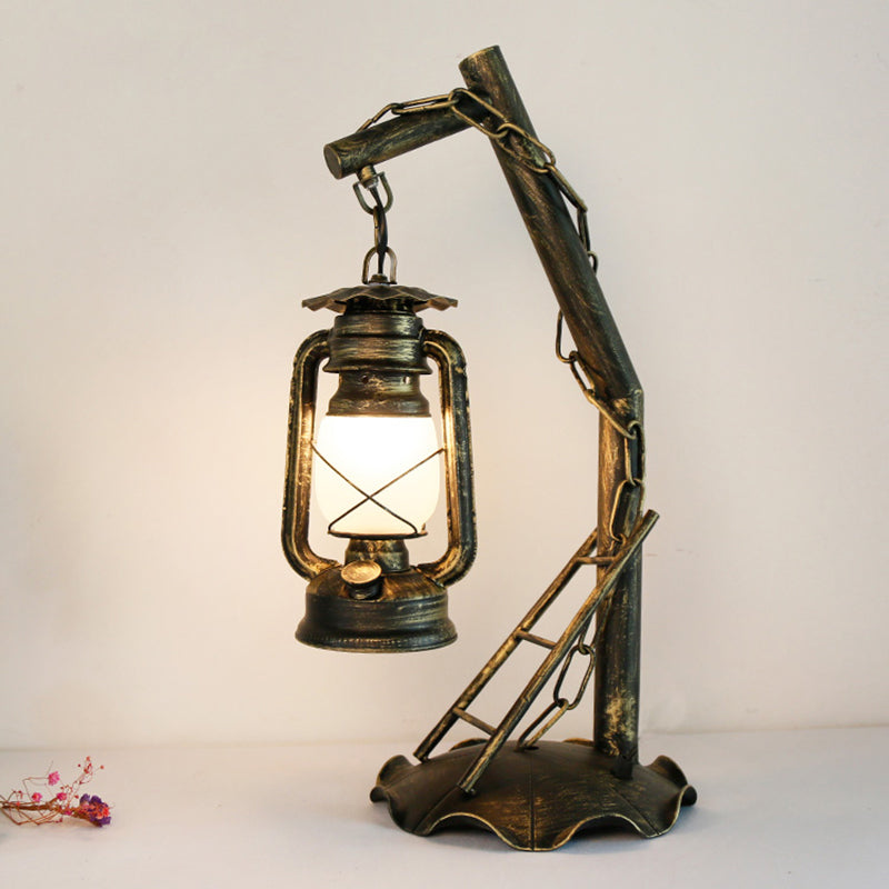 Vintage Opal Glass Lantern Table Lamp With Brass Angled Arm Bedroom Desk Light / B