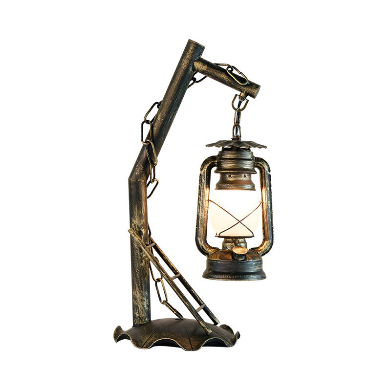 Vintage Opal Glass Lantern Table Lamp With Brass Angled Arm Bedroom Desk Light