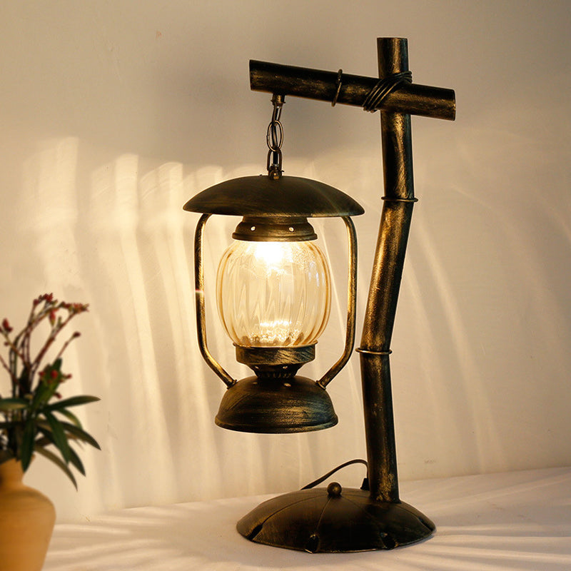 Factory Clear Glass Kerosene Bedroom Desk Light: 1-Light Brass Finish Table Lamp With Metal Angled