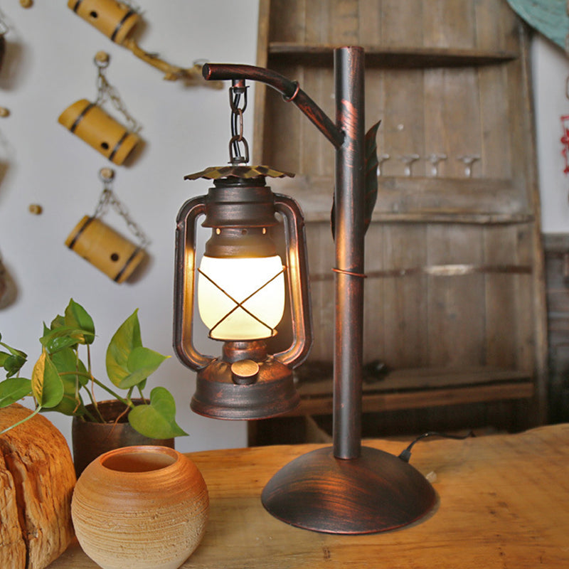 Vintage Copper Lantern Table Lamp With Frosted Glass Shade - Coffee Shop Desk Lighting