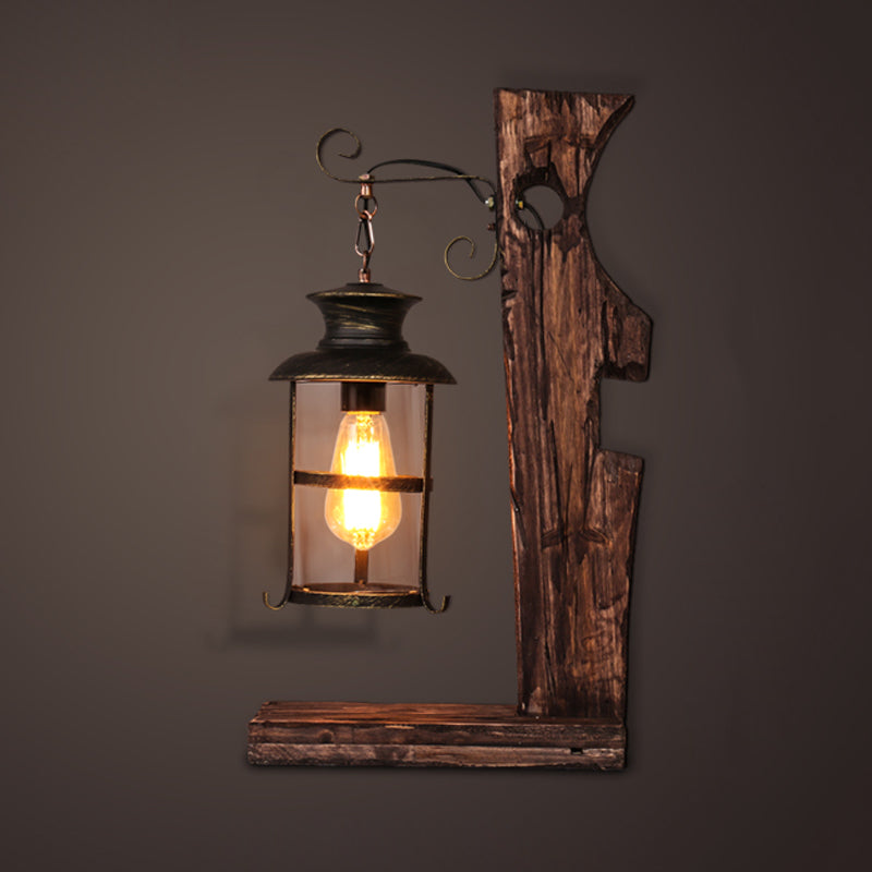 Industrial Style Black Table Lamp: Clear Glass Lantern With Wood Base