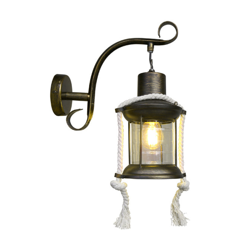 Industrial Brass/Copper Curved Arm Sconce With Clear Glass Shade