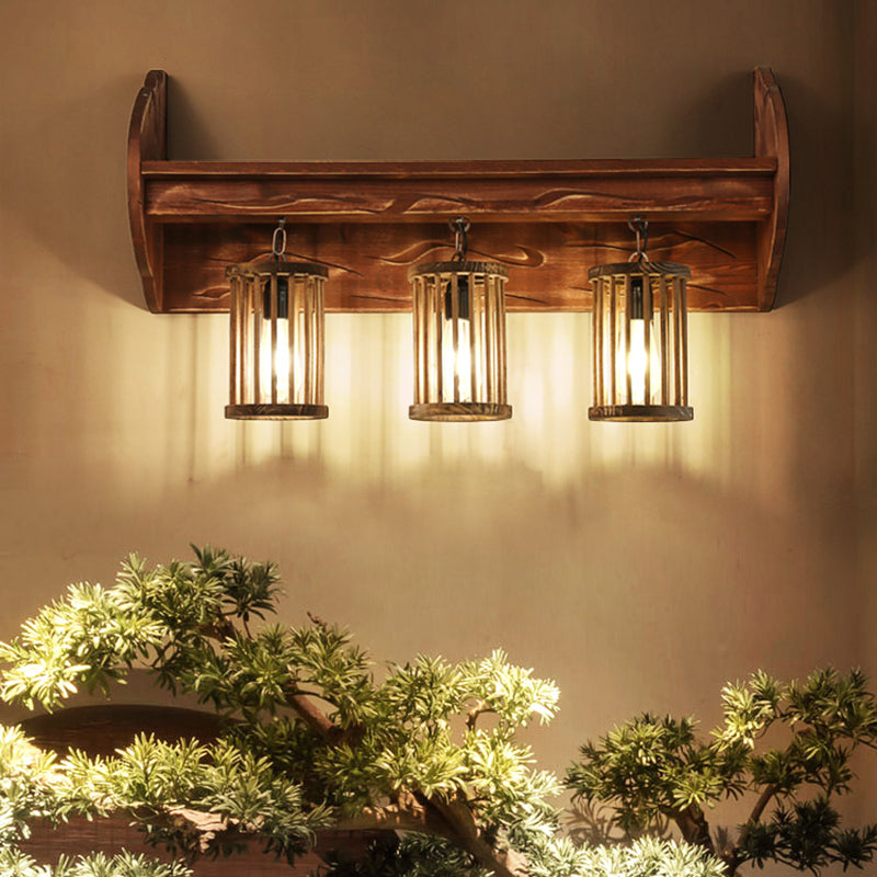 Cylinder Wood Wall Mount Light With 3-Head Brown Sconce - Factory Style Bedroom Lighting