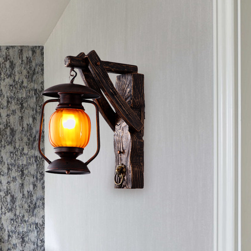 Amber Glass Lantern Wall Light Sconce - Elegant 1-Head Bedroom Lamp In Black With Wood Backplate