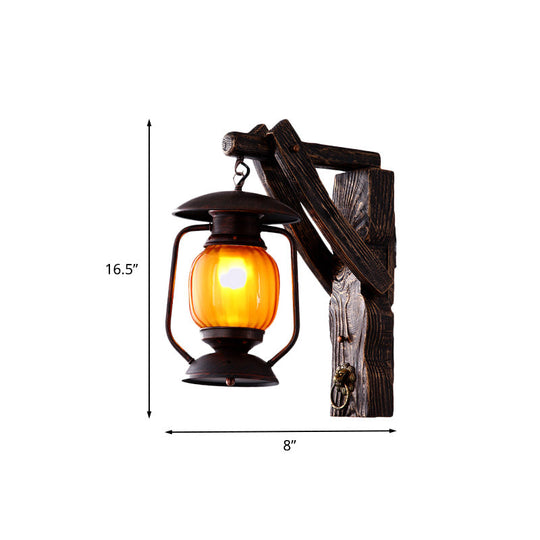 Amber Glass Lantern Wall Light Sconce - Elegant 1-Head Bedroom Lamp In Black With Wood Backplate