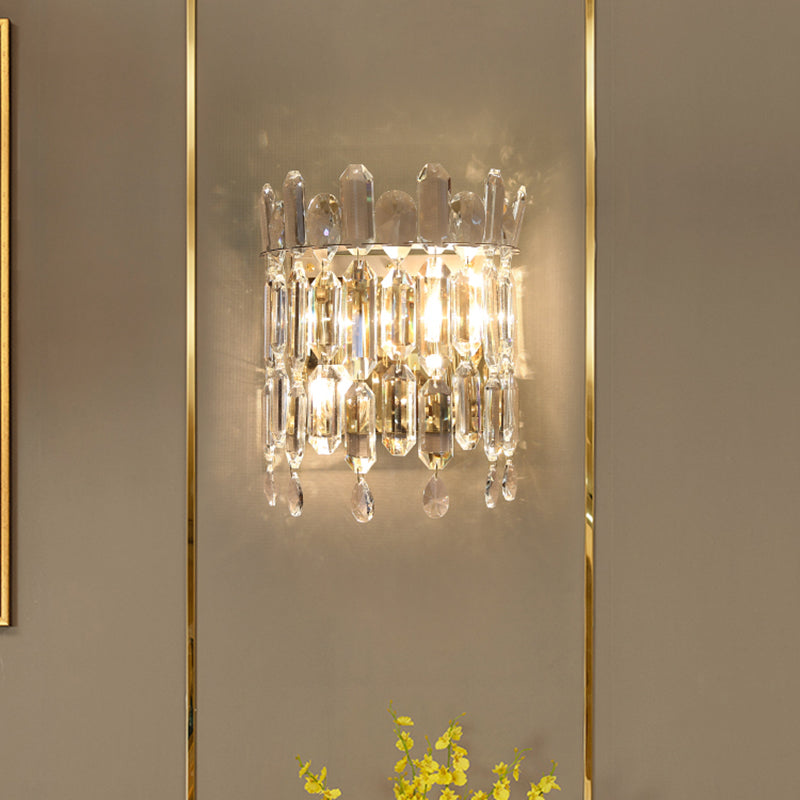 Clear Crystal Wall Sconce With 2 Semi-Drum Heads - Modern Living Room Lighting Fixture