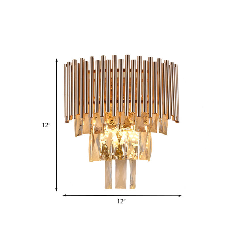 Contemporary Crystal Wall Sconce - Gold Finish Tiered Design 3 Bulbs