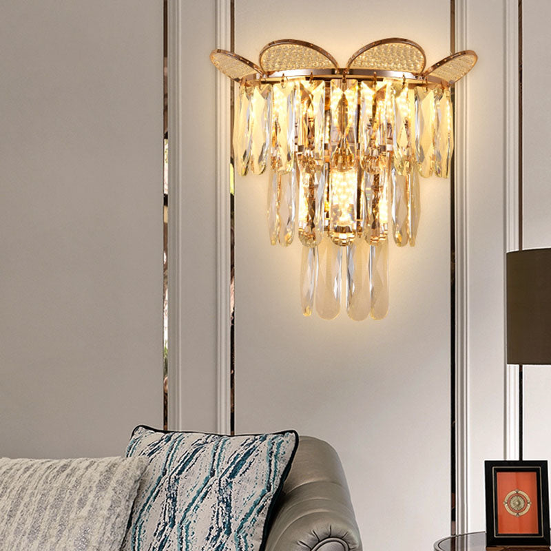 Contemporary Crystal Wall Sconce - Gold Finish Tiered Design 3 Bulbs / D