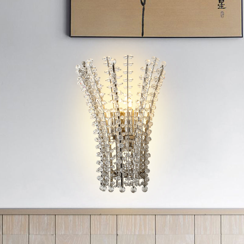 Modern Silver Bead Wall Mounted Light With Crystal Sconce - 3 Heads Bedside Lamp