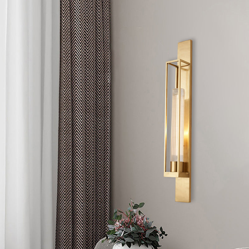 Gold Metal Linear Sconce Lighting With Ribbed Glass Shade - Modern Corner Wall Mount Lamp