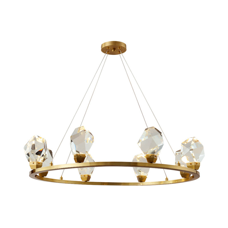 Modern Crystal Pendant Light With Faceted Halo Ring Design - 6/8 Lights Brass Finish Ceiling
